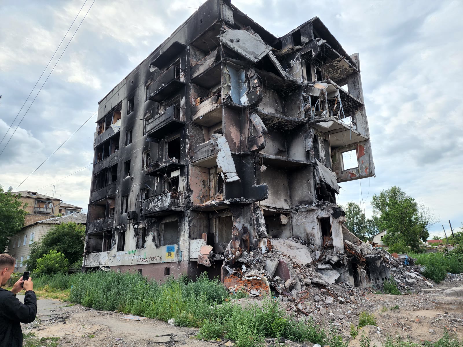 A shelled apartment block in Ukraine